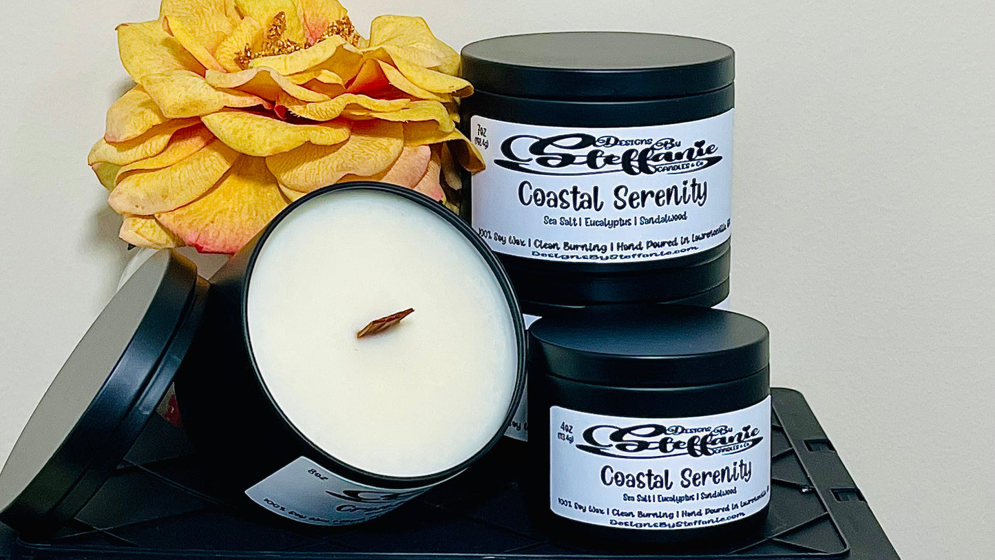 Coastal Serenity Crackling Wooden Wick Candle (Black Tin)