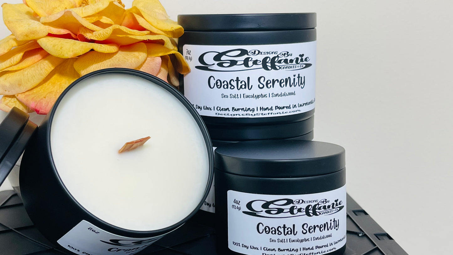 Coastal Serenity Crackling Wooden Wick Candle (Black Tin)