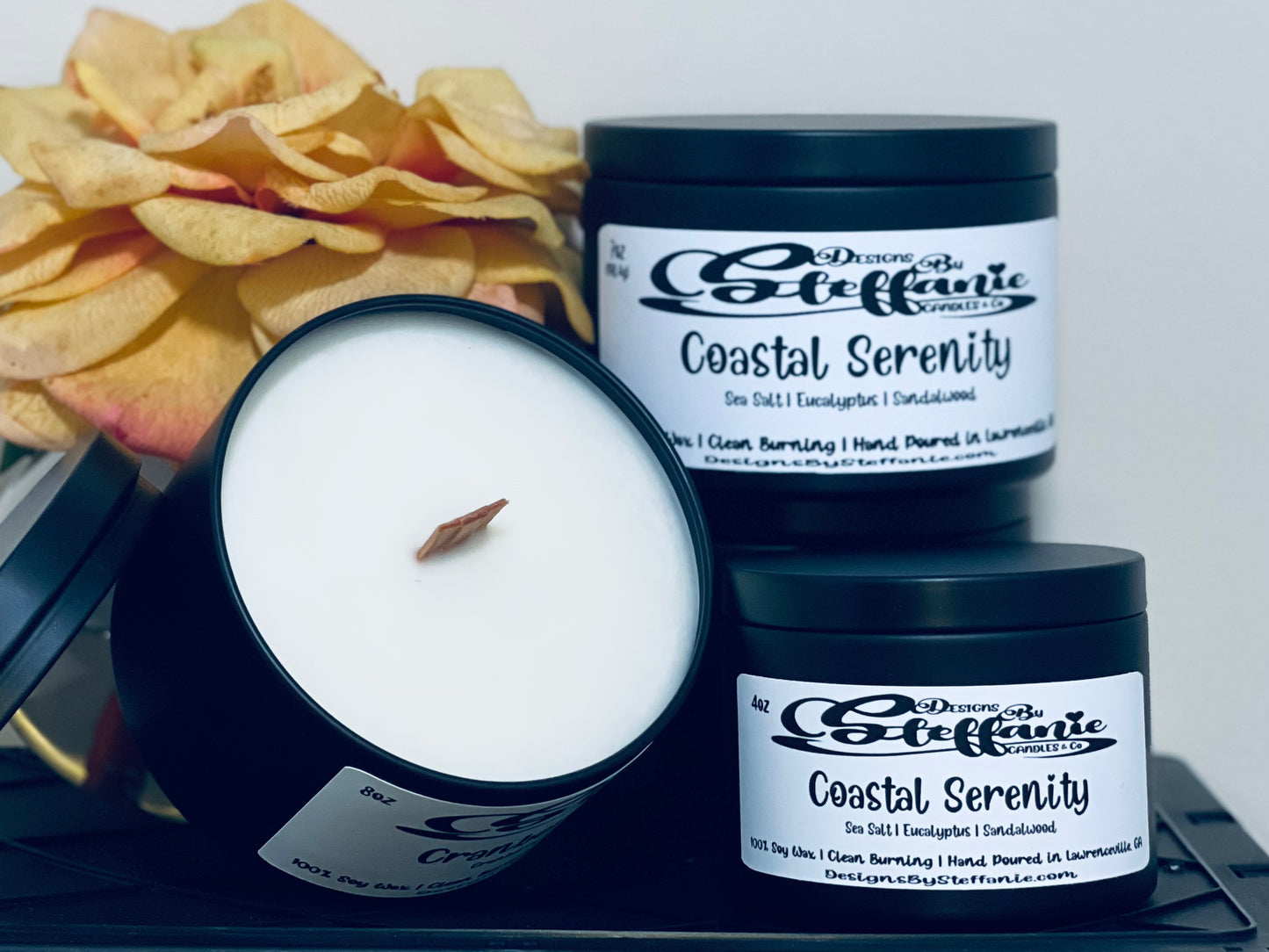 Coastal Serenity Crackling Wooden Wick Candle (Black Tin)