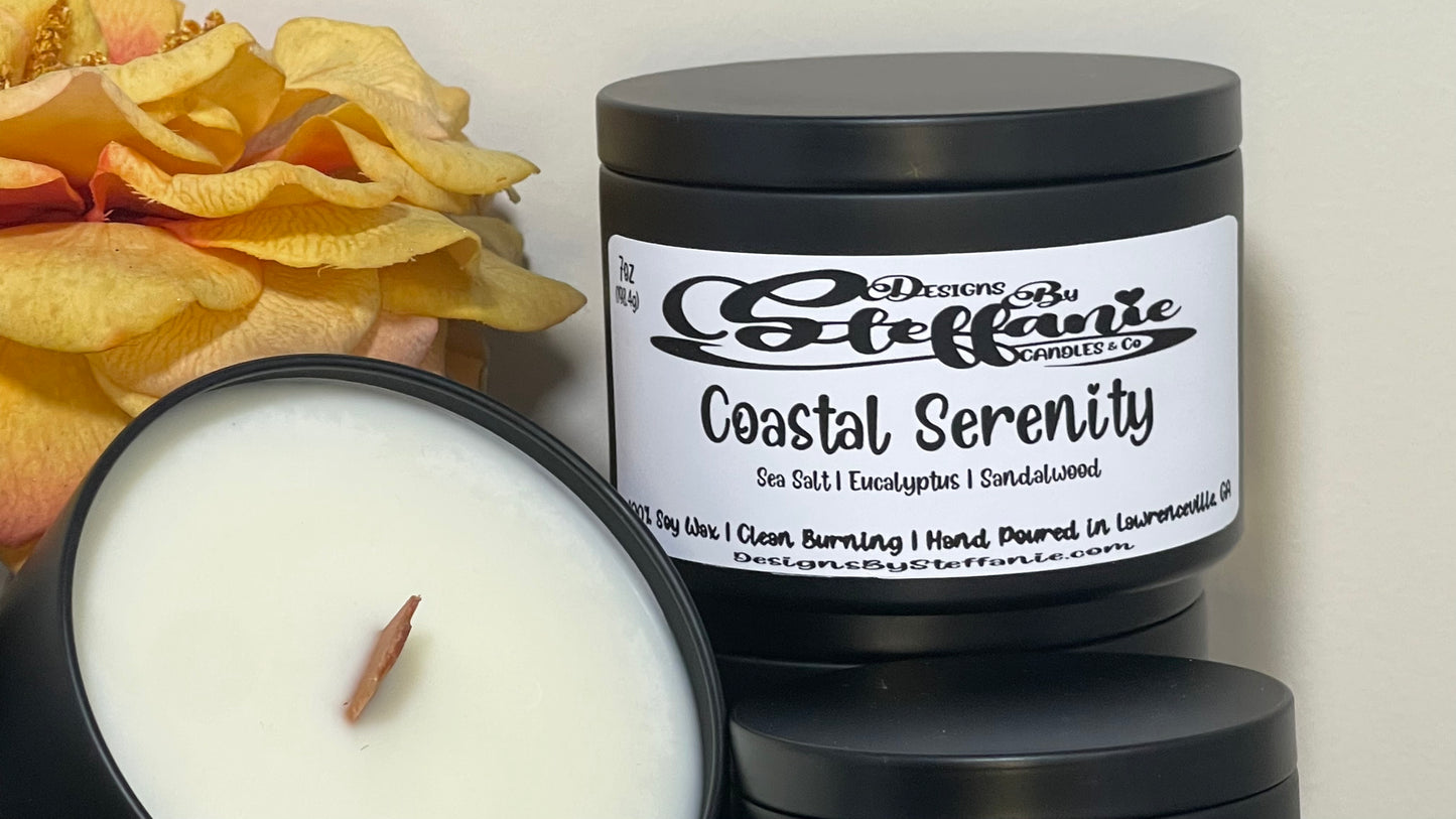 Coastal Serenity Crackling Wooden Wick Candle (Black Tin)