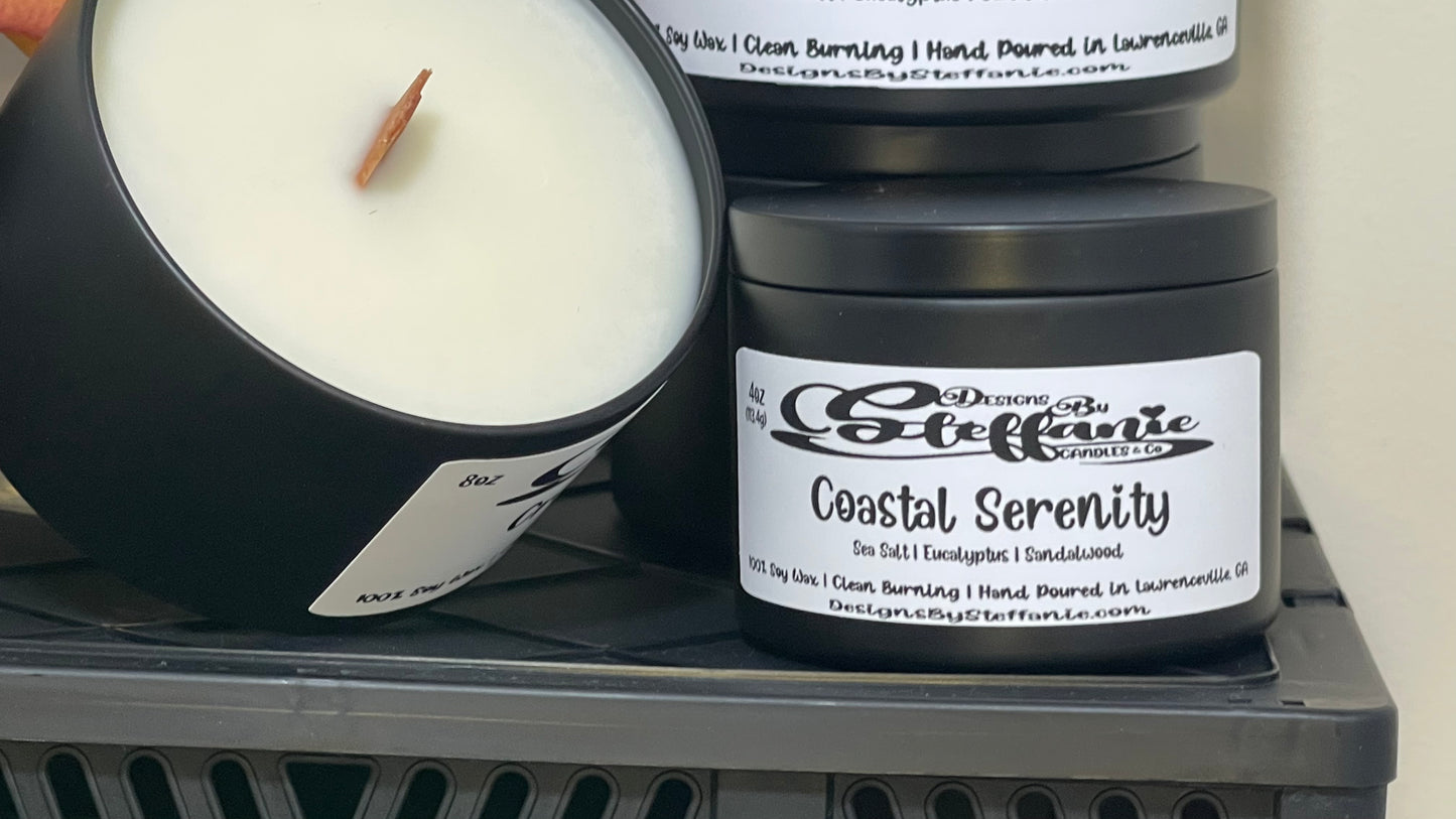 Coastal Serenity Crackling Wooden Wick Candle (Black Tin)