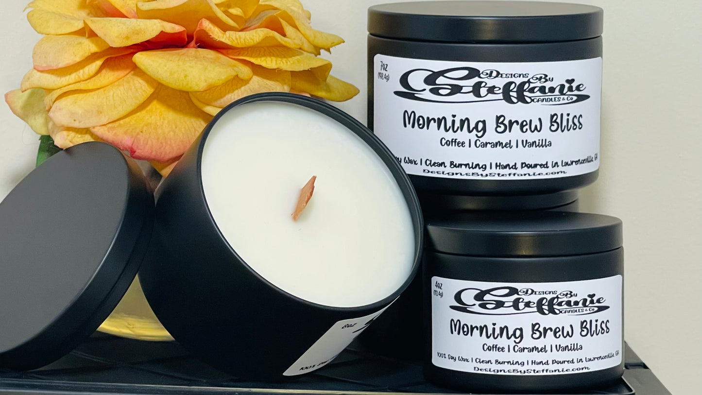 Morning Brew Bliss Crackling Wooden Wick Candle (Black Tin)