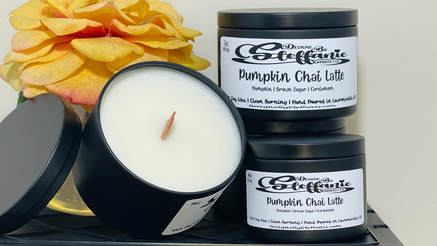 Pumpkin Chai Latte Crackling Wooden Wick Candle (Black Tin)