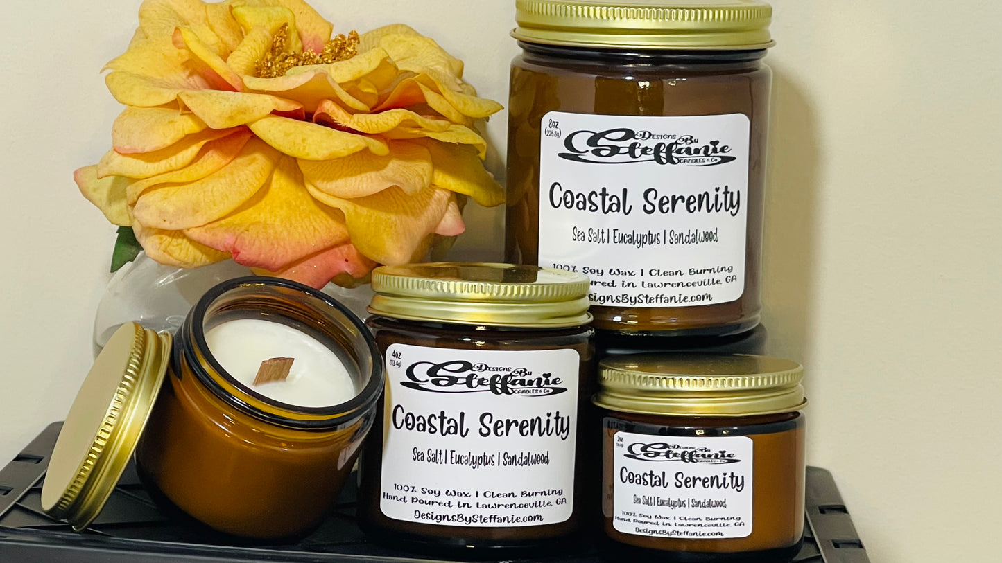 Coastal Serenity Crackling Wooden Wick Candle (Amber Glass Jar)