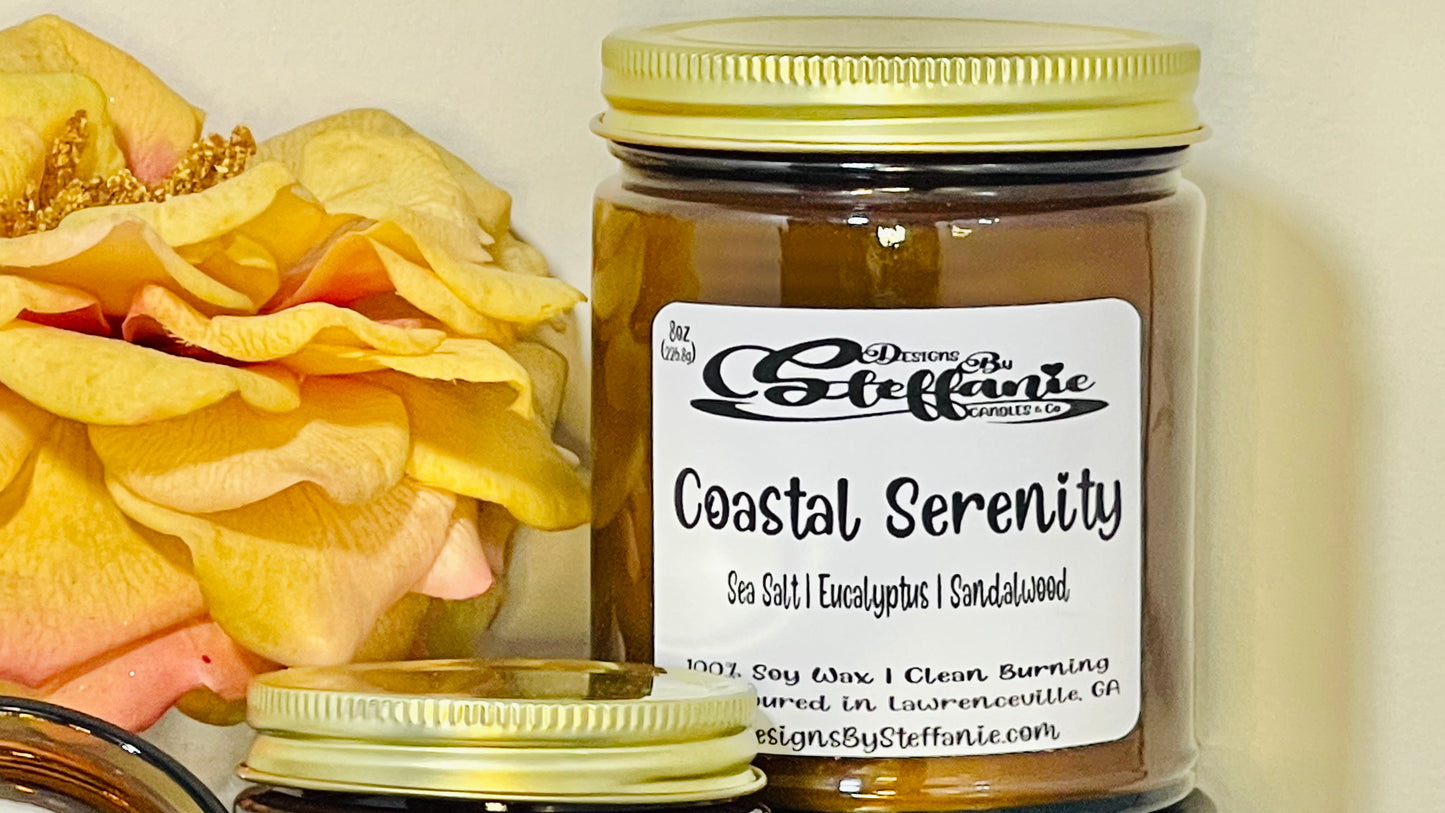 Coastal Serenity Crackling Wooden Wick Candle (Amber Glass Jar)
