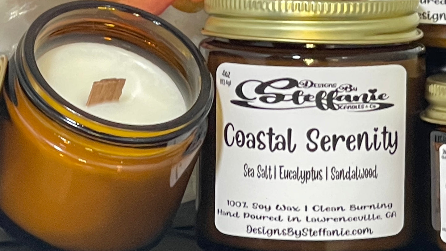 Coastal Serenity Crackling Wooden Wick Candle (Amber Glass Jar)