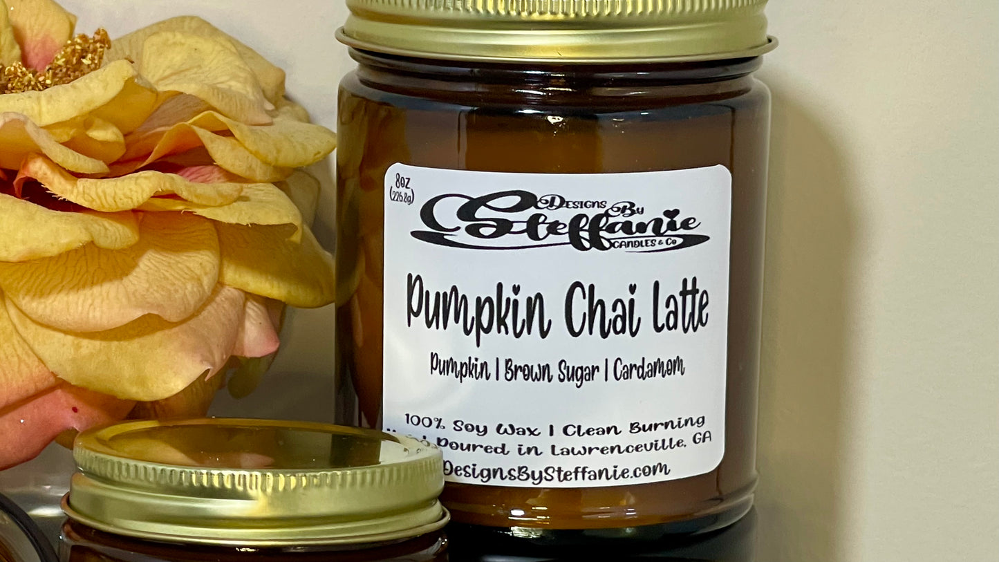 Pumpkin Chai Latte Crackling Wooden Wick Candle (Amber Glass Jar)