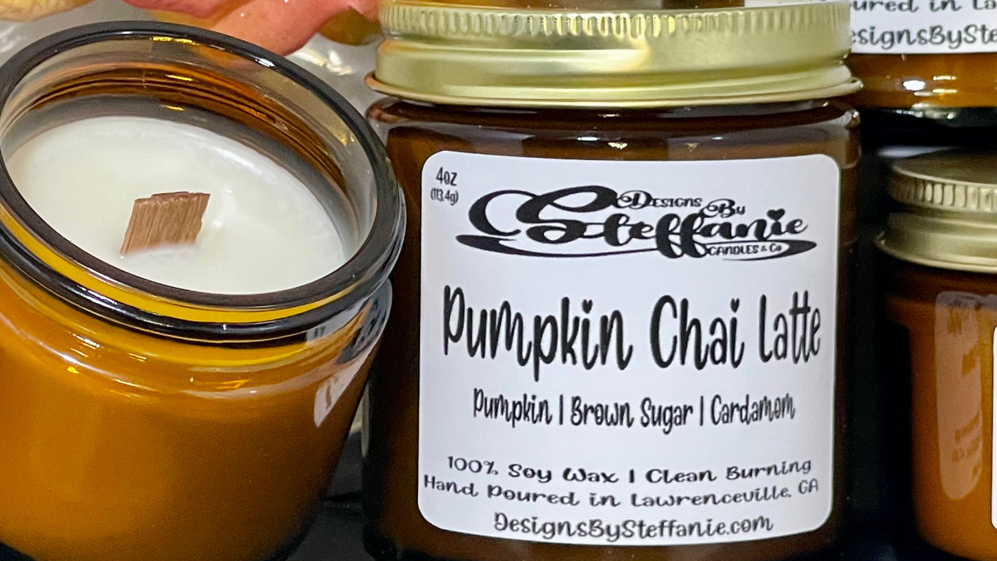 Pumpkin Chai Latte Crackling Wooden Wick Candle (Amber Glass Jar)