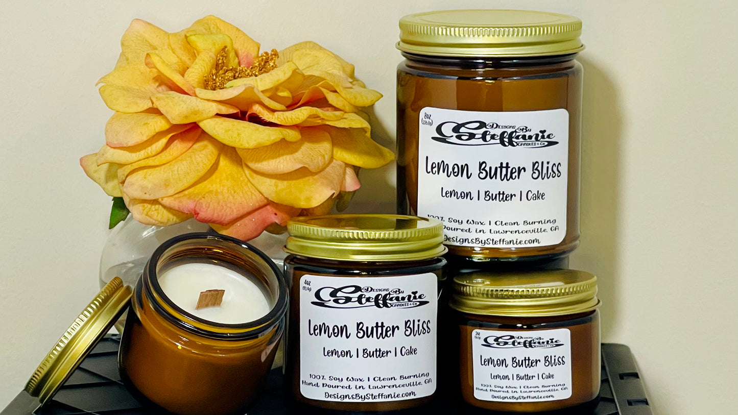 Lemon Butter Bliss Crackling Wooden Wick Candle (Amber Glass Jar)