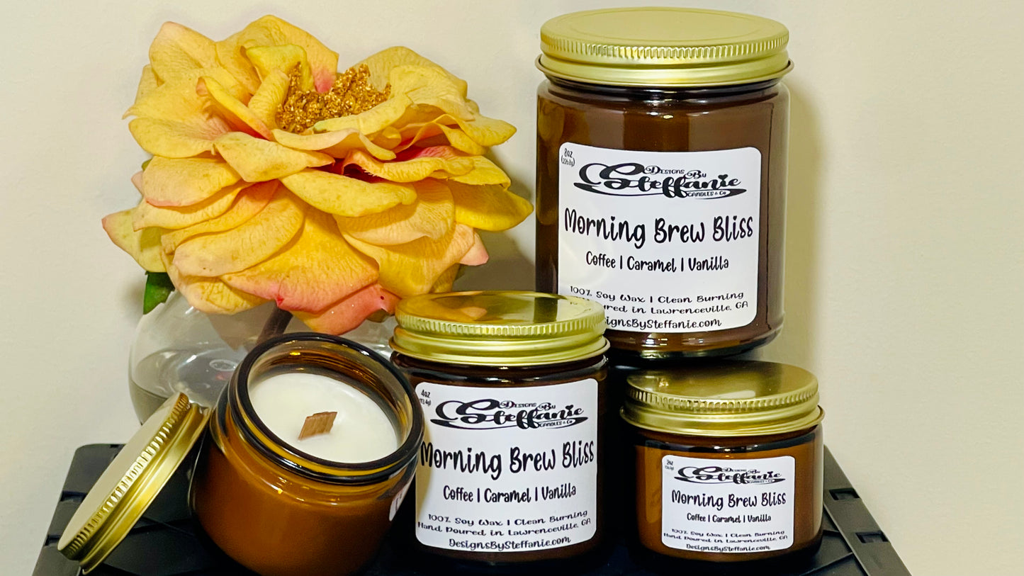 Morning Brew Bliss Crackling Wooden Wick Candle (Amber Glass Jar)