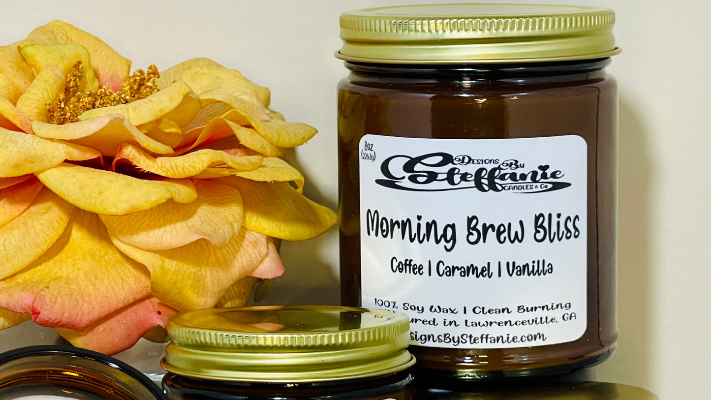 Morning Brew Bliss Crackling Wooden Wick Candle (Amber Glass Jar)