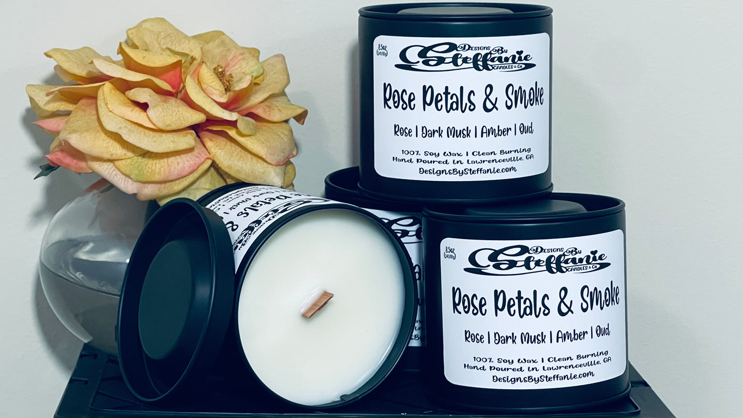 Rose Petals & Smoke Crackling Wooden Wick Candle (Black Paint Can)