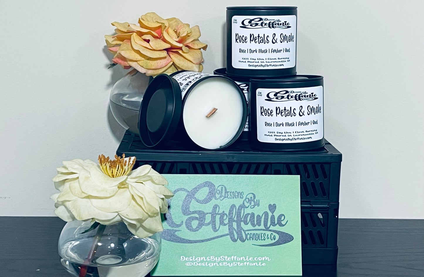 Rose Petals & Smoke Crackling Wooden Wick Candle (Black Paint Can)