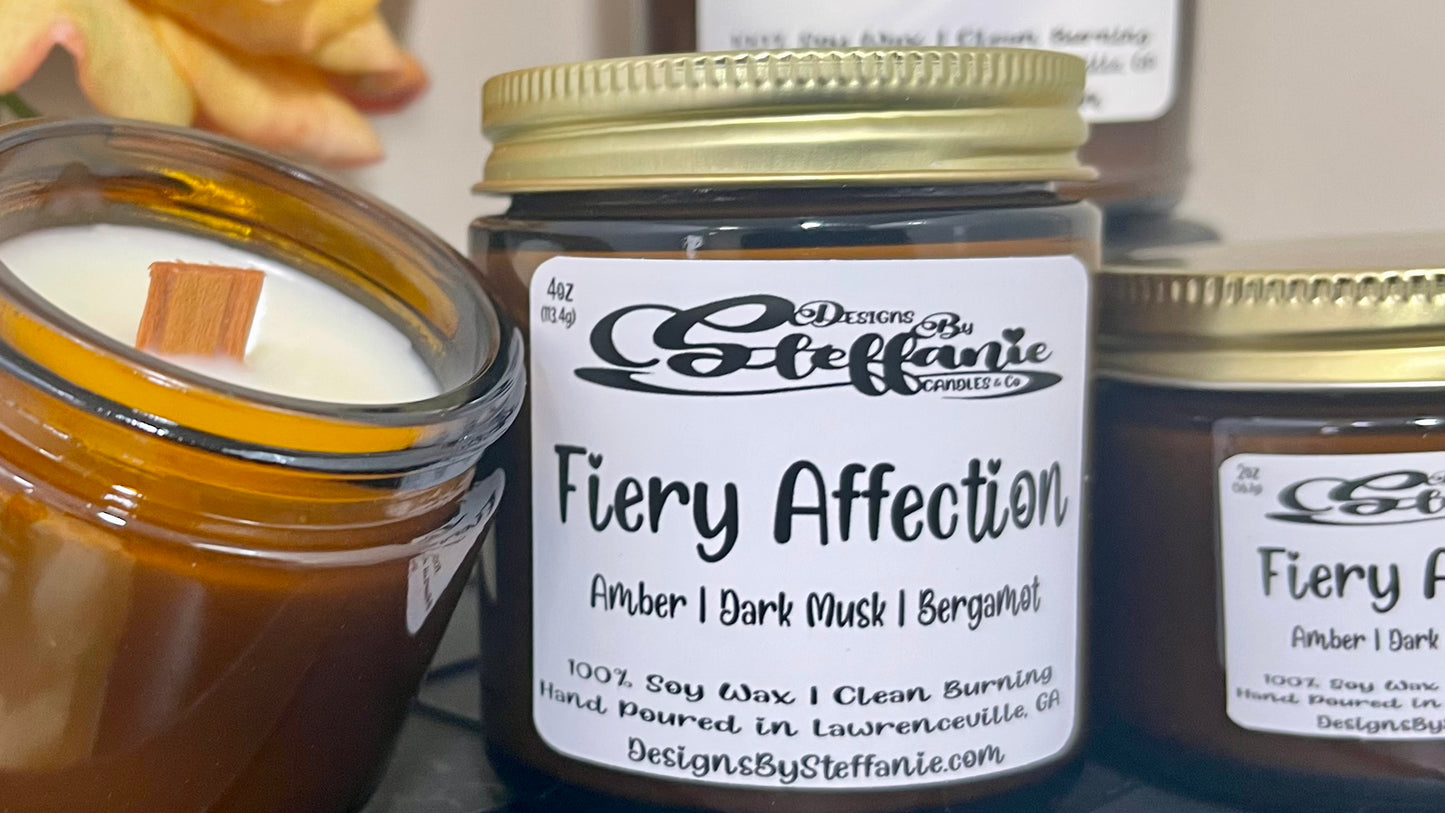 Fiery Affection Crackling Wooden Wick Candle (Amber Glass Jar)